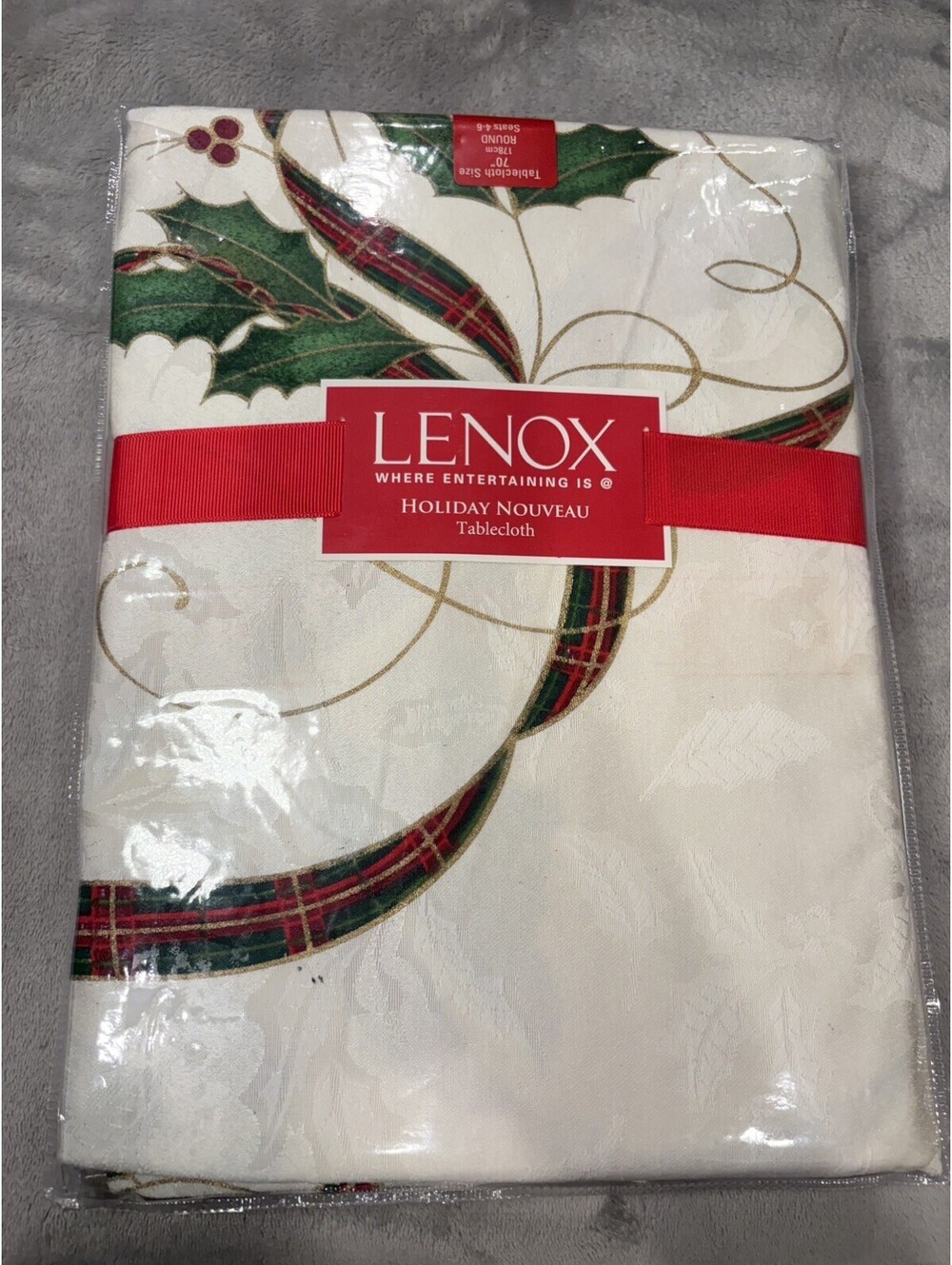 Lenox Holiday Nouveau 70 in Round Tablecloth Floral White/Green/Red New with Tag
